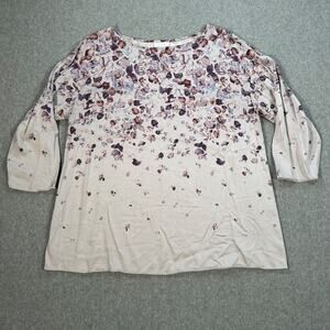 J.jill PureJill Purple Floral Blouse Women's Small 3/4 Sleeve Boat Neck Oversize
